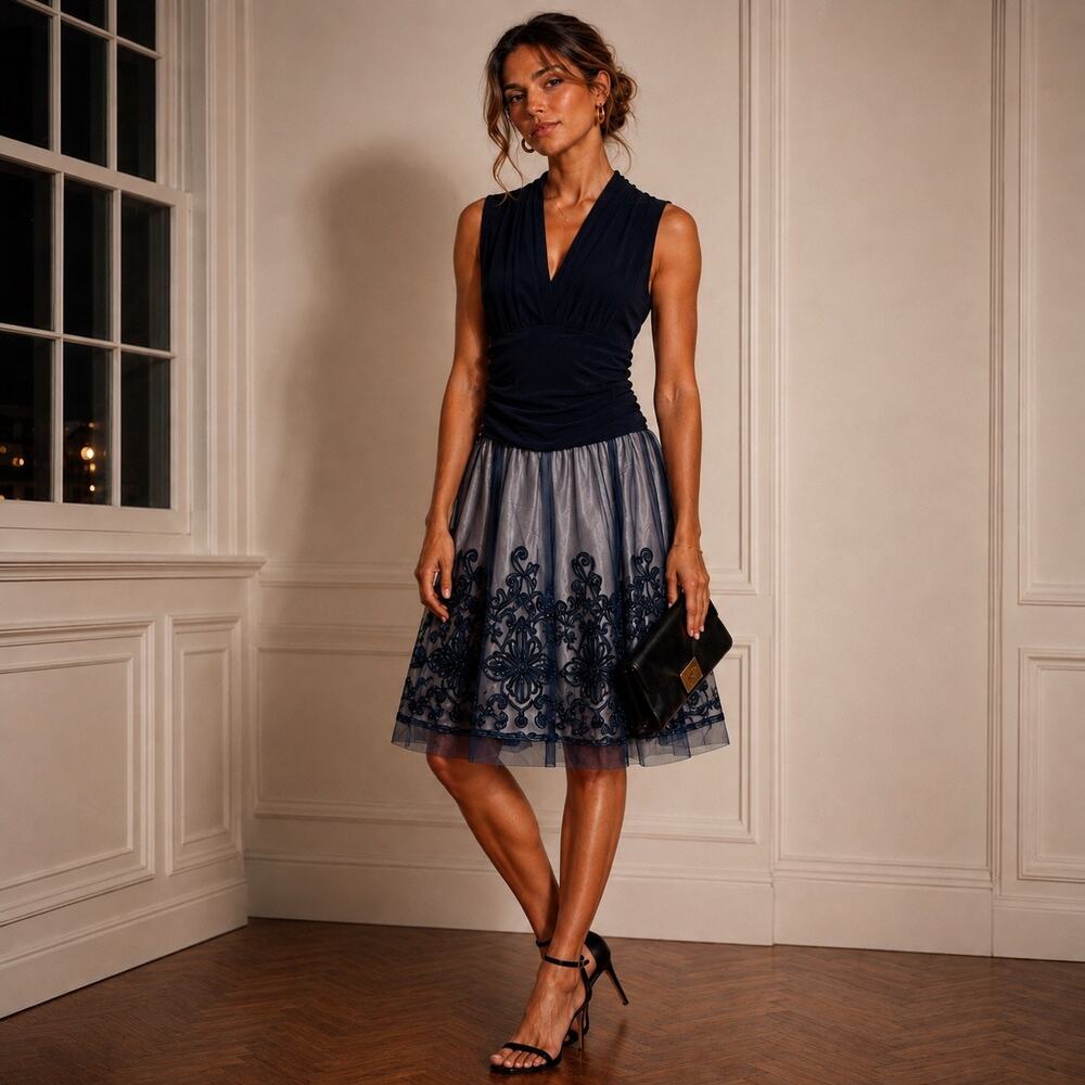 SLNY Navy Blue Fit & Flare Cocktail Dress Stretch Top Tulle Lace Skirt Sise 4